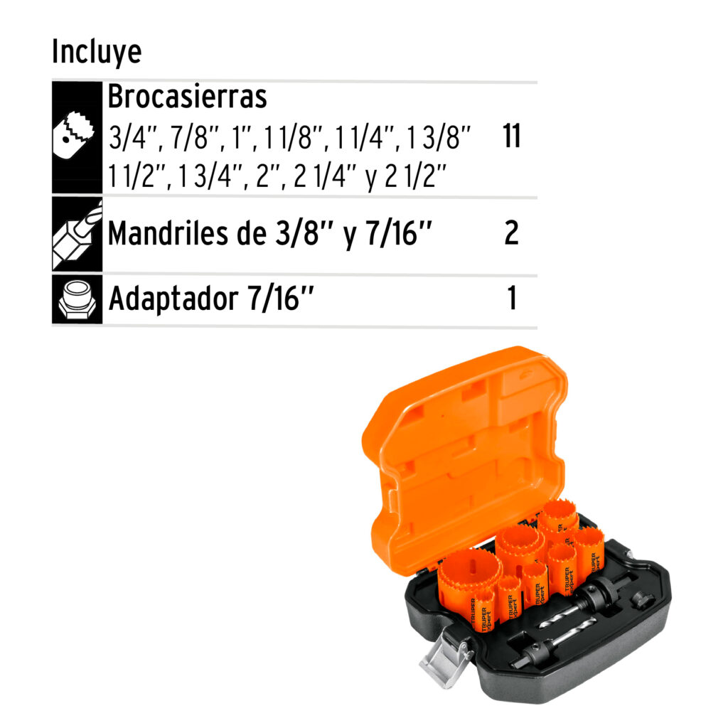 Juego de 11 brocasierras bimetálicas y 2 mandriles, Truper Expert KITB ...